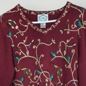 Vintage Stitches In Time V-Neck Burgundy Floral Embroidered Sweater Women’s L